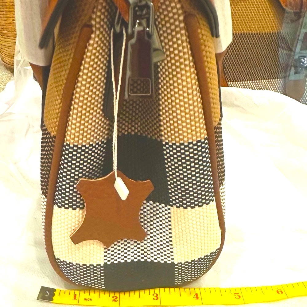 Genuine Leather Top Handle Small Handbag w/Checked Woven Fabric - Picture 2 of 9